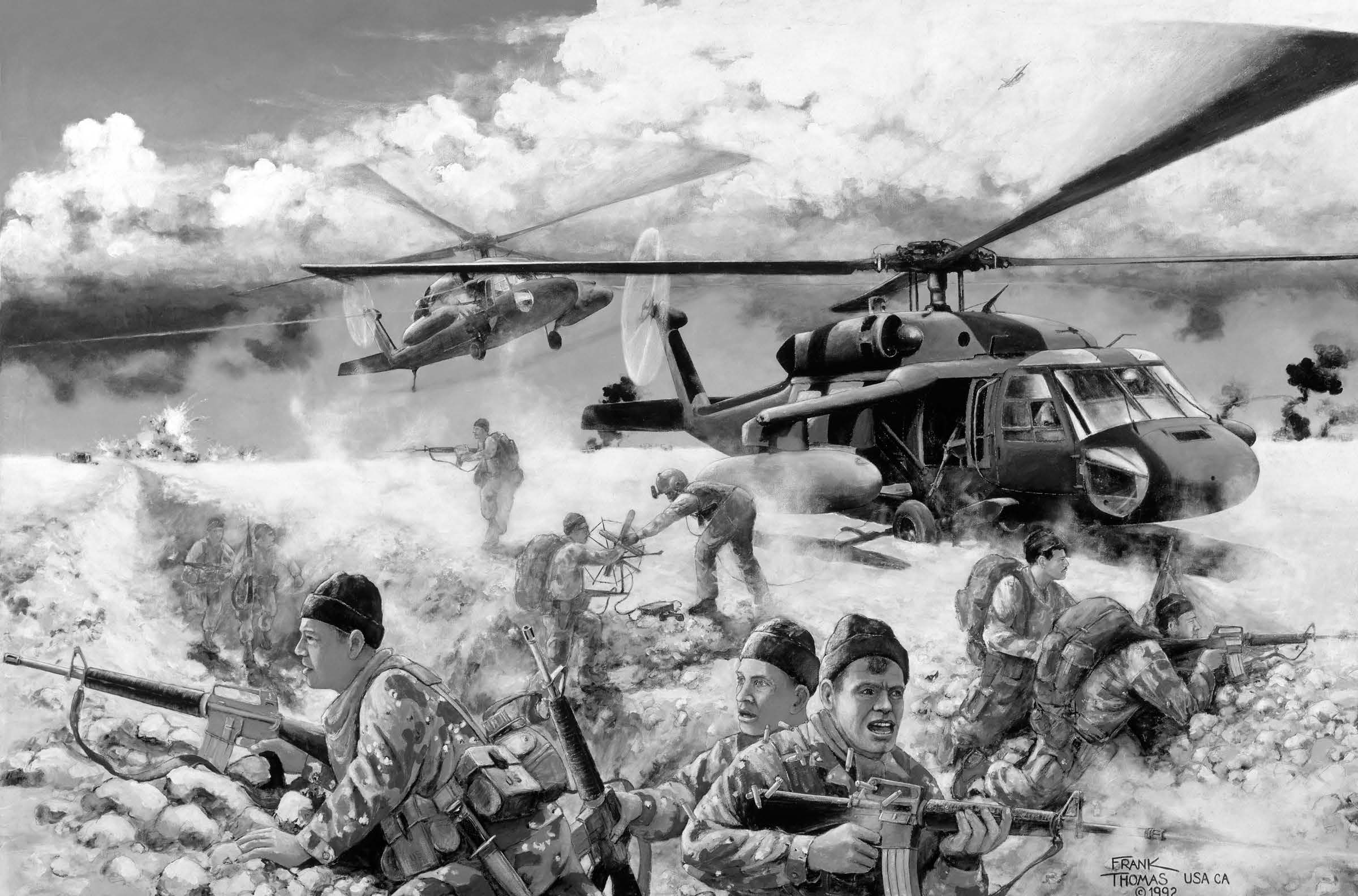Desperate Extraction: North of the Euphrates, Two Days Before the War by U.S. Army combat artist Frank M. Thomas. This nine-man Special Forces team is shown being extracted after their commando operation went awry in Iraq. Courtesy of the artist.
