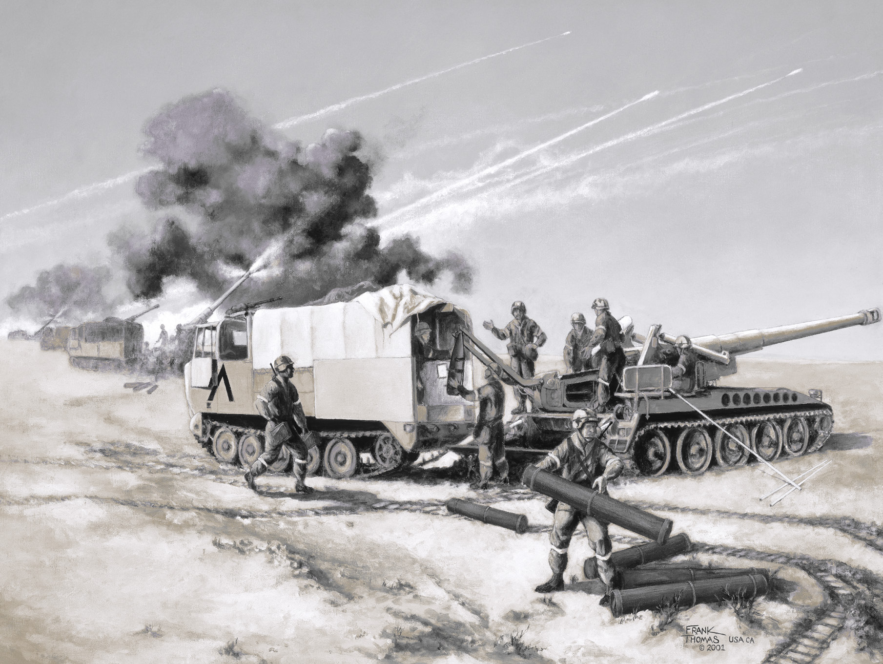 Thunder in the Desert: Arkansas National Guard 142nd Brigade Firing in Desert Storm by U.S. Army combat artist Frank M. Thomas. Courtesy of the artist.