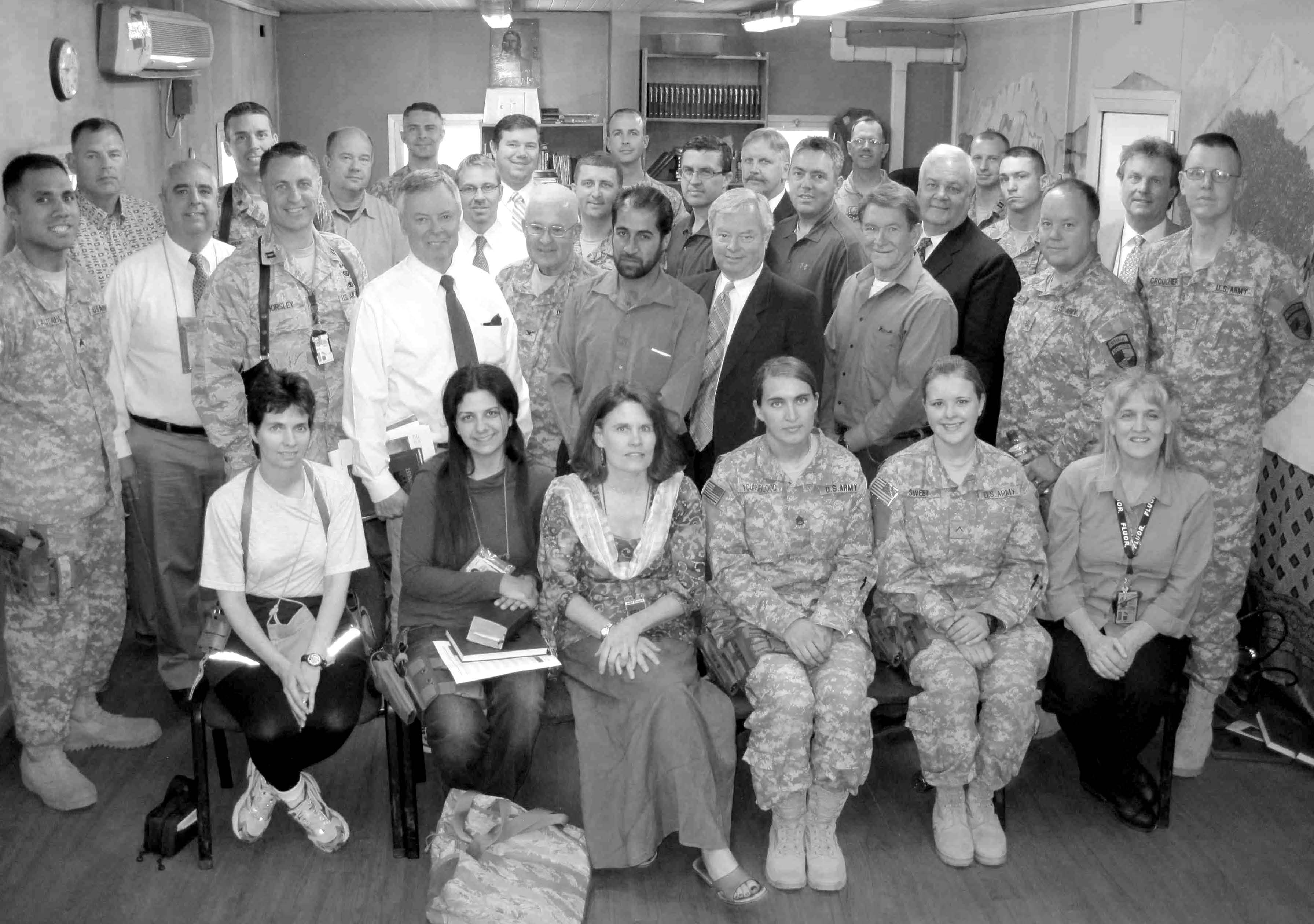 Members of the Kabul Military Branch after attending sacrament meeting on May 28, 2010. Branch members included U.S. military personnel doctors, lawyers, diplomatic personnel, contractors, nongovernment aid workers, and two American executive television producers for Channel One (Afghan television station). Courtesy of Eugene J. Wikle.