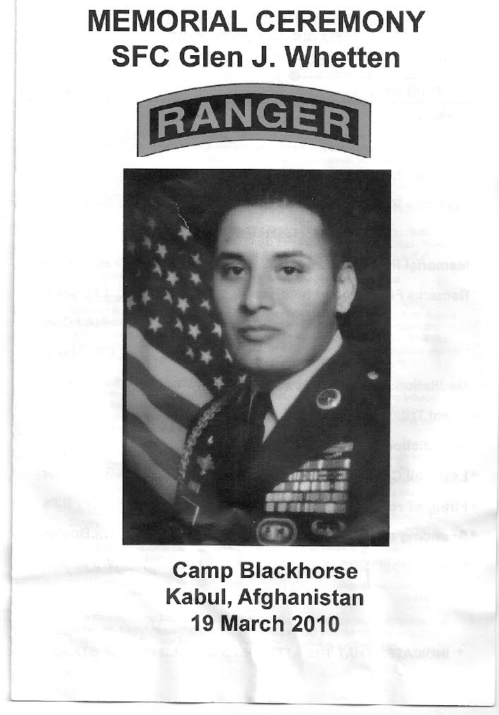 Program cover from a March 19, 2010, memorial service at Camp Blackhorse (near Kabul, Afghanistan) for Sergeant First Class Glenn J. Whetten. Courtesy of Eugene J. Wikle.