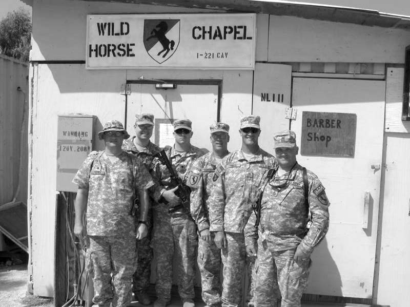 Church members stationed at Forward Operating Base Mehtar Lam, the capital of Laghman Province, Afghanistan, during October 2009. Left to right: Robert T. Peery, Gregrory McClellan, Steven B. Stanley, James A. Richardson (group leader), Troy Price, and Kyle Stucki. Courtesy of Eugene J. Wikle.
