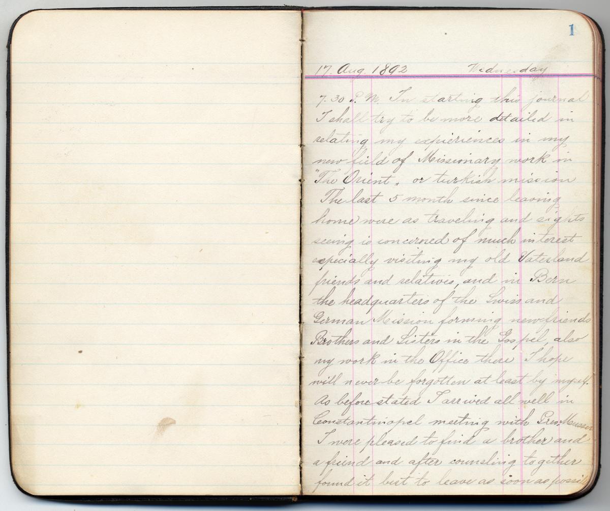 Adolf Haag’s second mission journal, showing August 17, 1892.