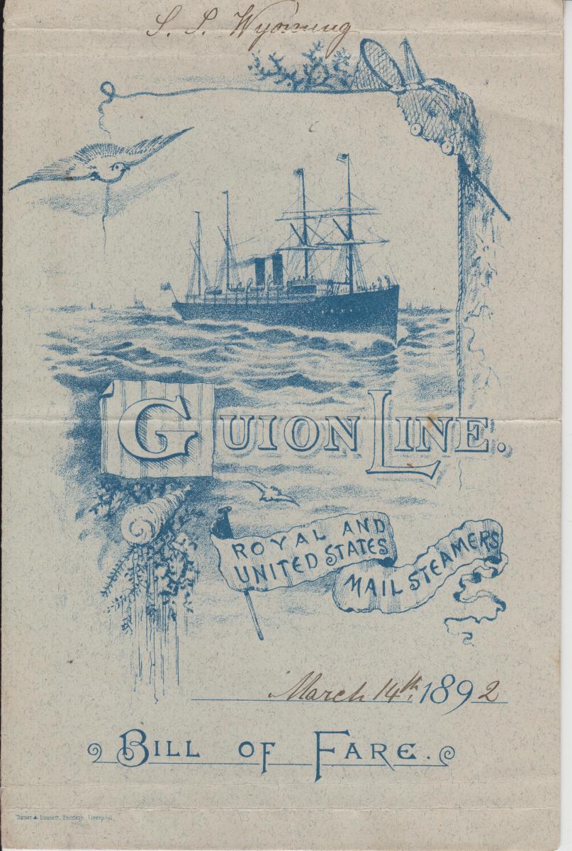 Dinner menu for March 14, 1892, Adolf Haag’s last night sailing on the S.S. Wyoming. Pea soup was the soup of the day, and the options for the main course included beef and baked potatoes or stewed duck and green peas. (Pictures courtesy of Church History Library, Salt Lake City).