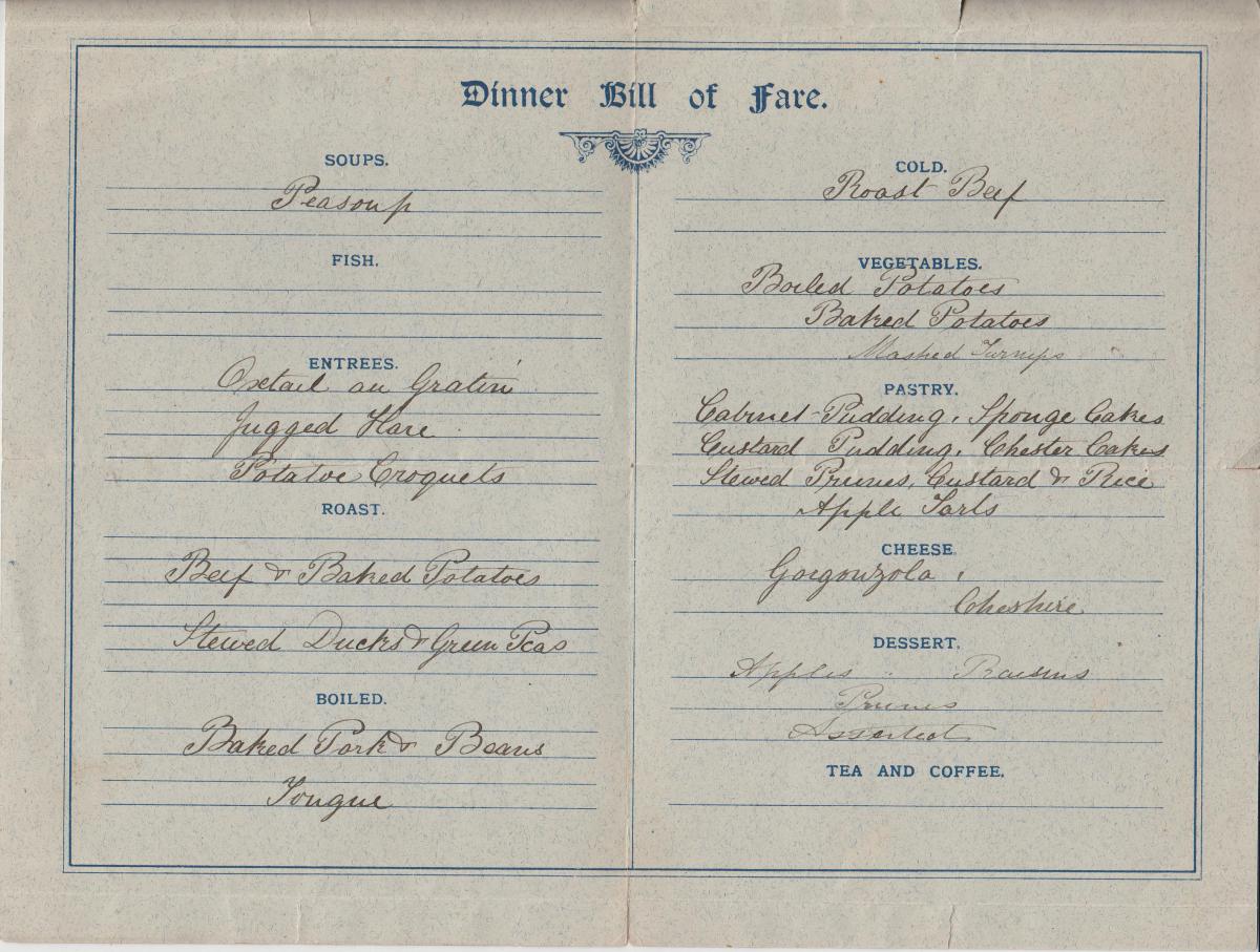 Steamer Bill of Fare 1892 page 1.
