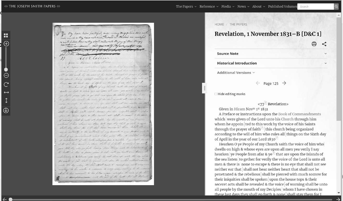 The earliest manuscript of Doctrine and Covenants section 1 on the Joseph Smith Papers website.23