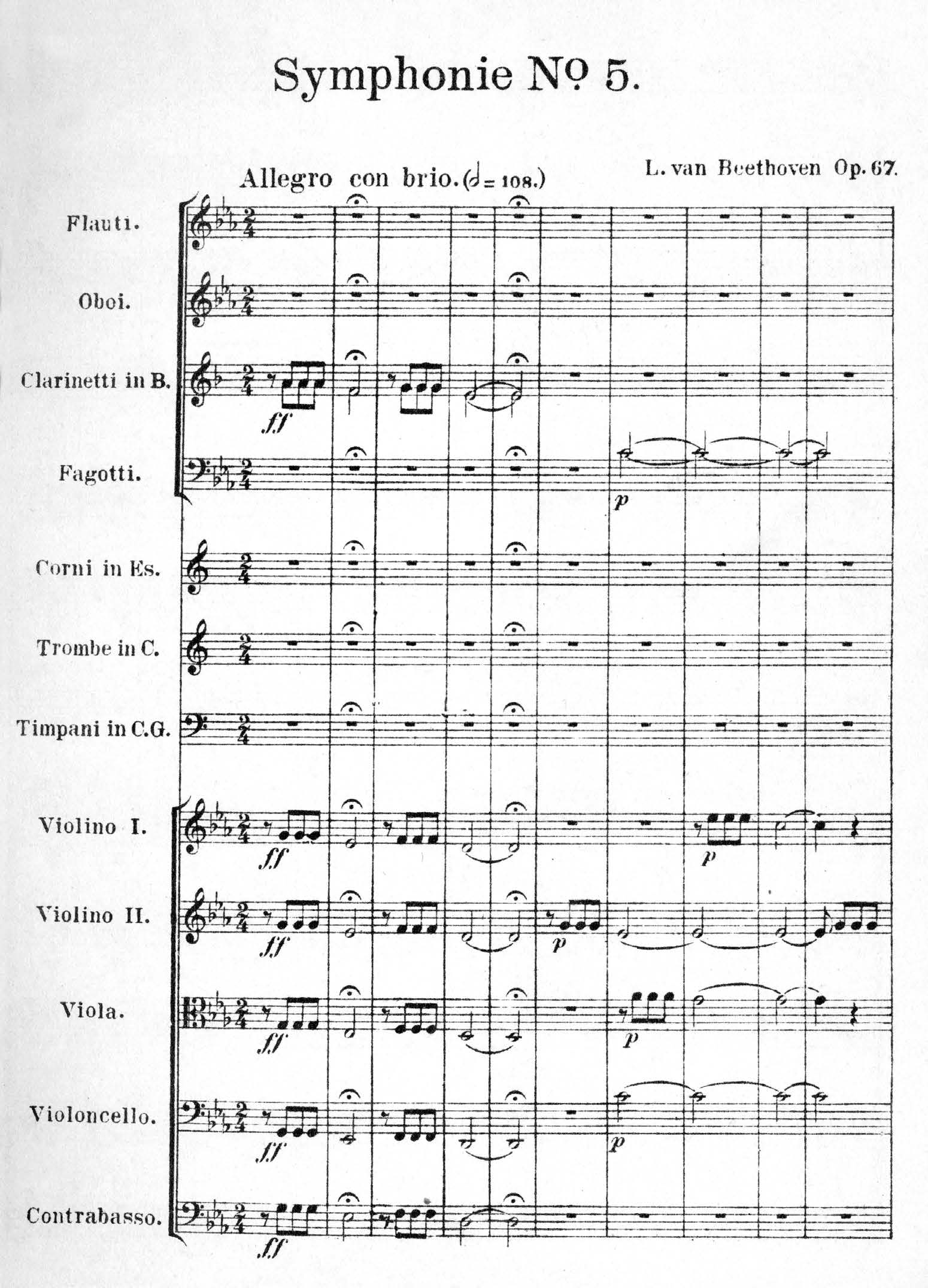 Beethoven's 5th Symphony No. 5—opening bars of the printed score for full orchestra instruments. Courtesy of Alamy Stock Photo