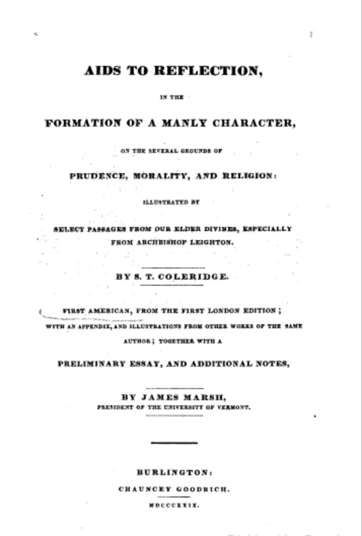 Title page of Aids to Reflection: In the Formation of a Manly Character on the Several Grounds of Prudence, Morality, and Religion (1825), by Samuel Taylor Coleridge.