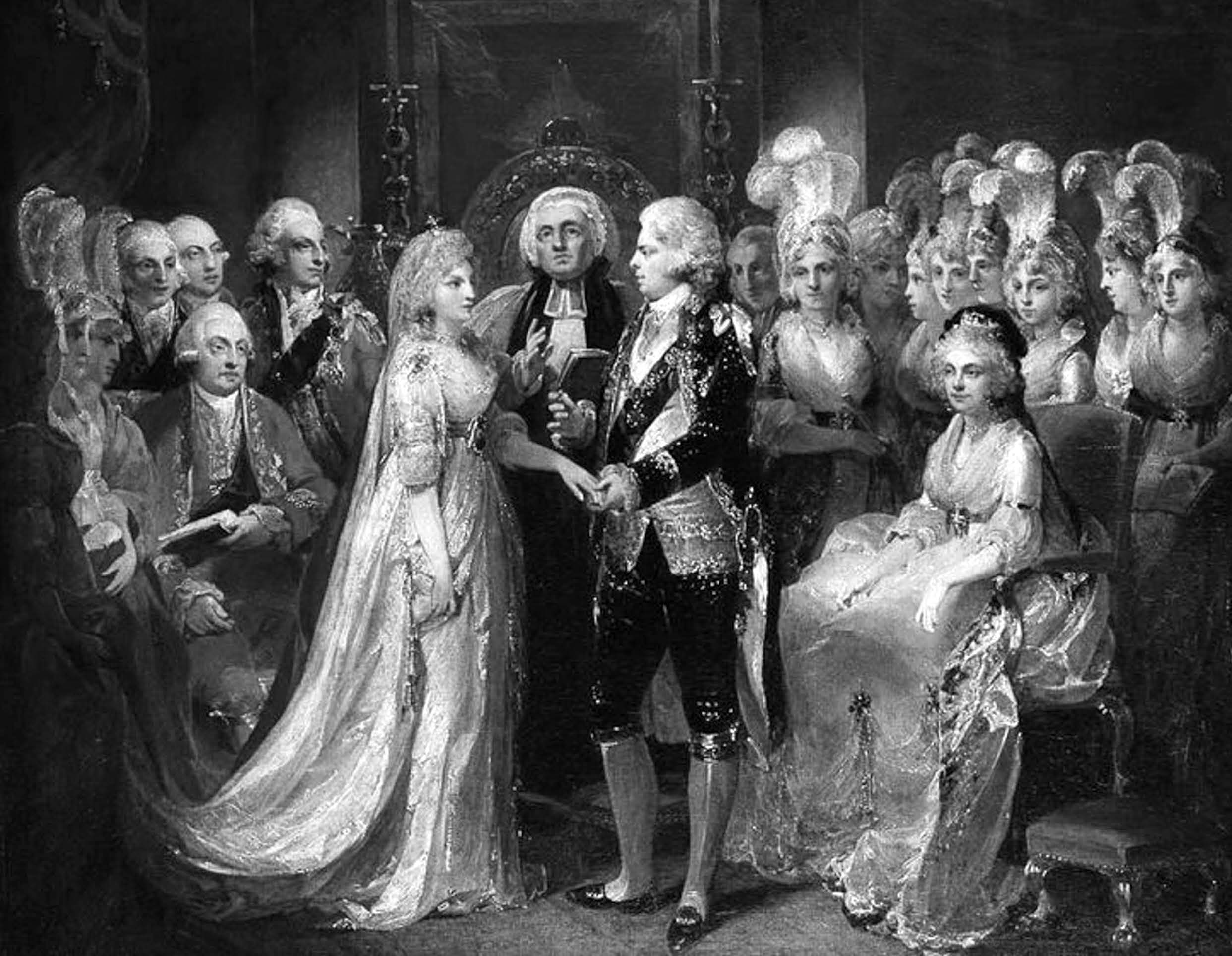 The Wedding of George, Prince of Wales, and Princess Caroline of Brunswick Officiated on 8 April 1795 in the Chapel Royal of St. James's Palace, London, by Gainsborough Dupont. The Picture Art Collection / Alamy Stock Photo.