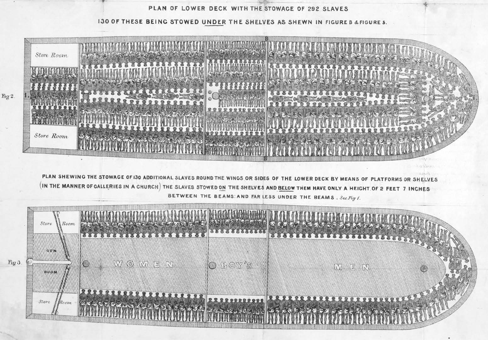 Atlantic slave-trade ship. Stowage of the British Slave Ship Brookes under the Regulated Slave Trade Act of 1788, published by the Plymouth Chapter of the Society for Effecting the Abolition of the Slave Trade.
