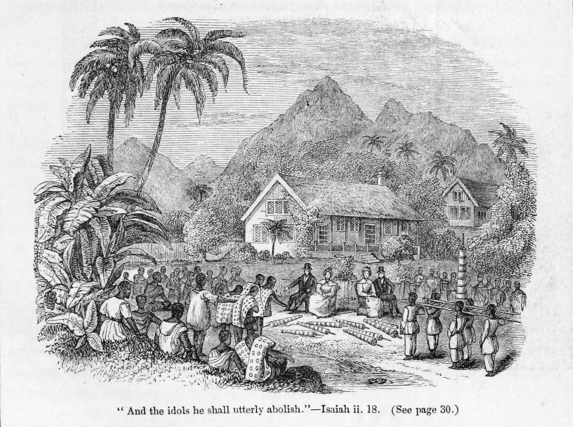 The Reverend John Williams and his wife watching as natives give up their idols. From Narrative of Missionary Enterprises, engraving by George Baxter.