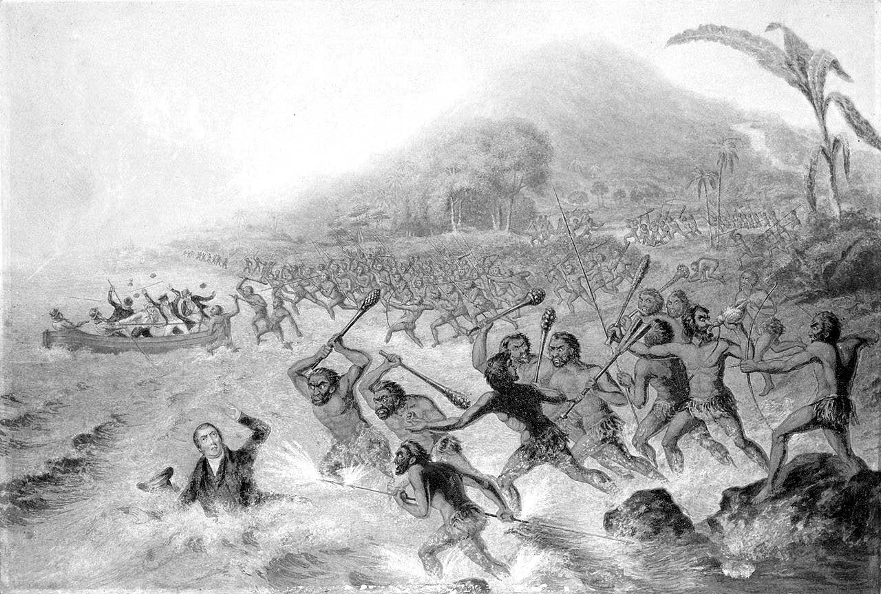 The Massacre of the Lamented Missionary the Rev. J. Williams and Mr. Harris, by George Baxter (1841).