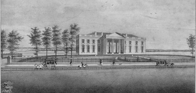 Figure 18. 1830s north view of the President’s House with Potomac River directly behind. Library of Congress.