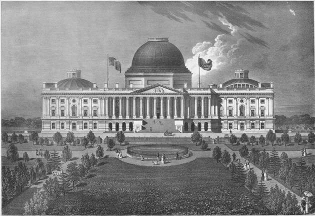 Figure 23. William A. Pratt and Charles Fenderich, Elevation of the Eastern Front of the Capitol of the United States (Philadelphia: P. S. Duval, 1839). Library of Congress.