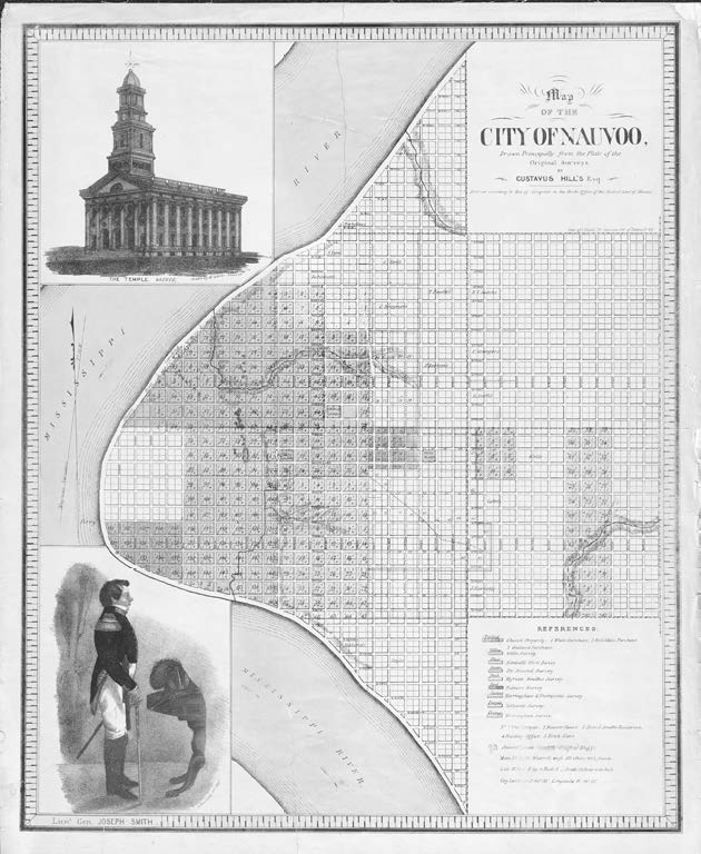 Figure 30. Map of Nauvoo with profile of Joseph Smith (Lithograph, John Childs, 1844, from a plat by Gustavus Hills, 1842; inset of temple by William Weeks, 1842; inset of Joseph Smith by Sutcliffe Maudsley, 1842). Church History Library.