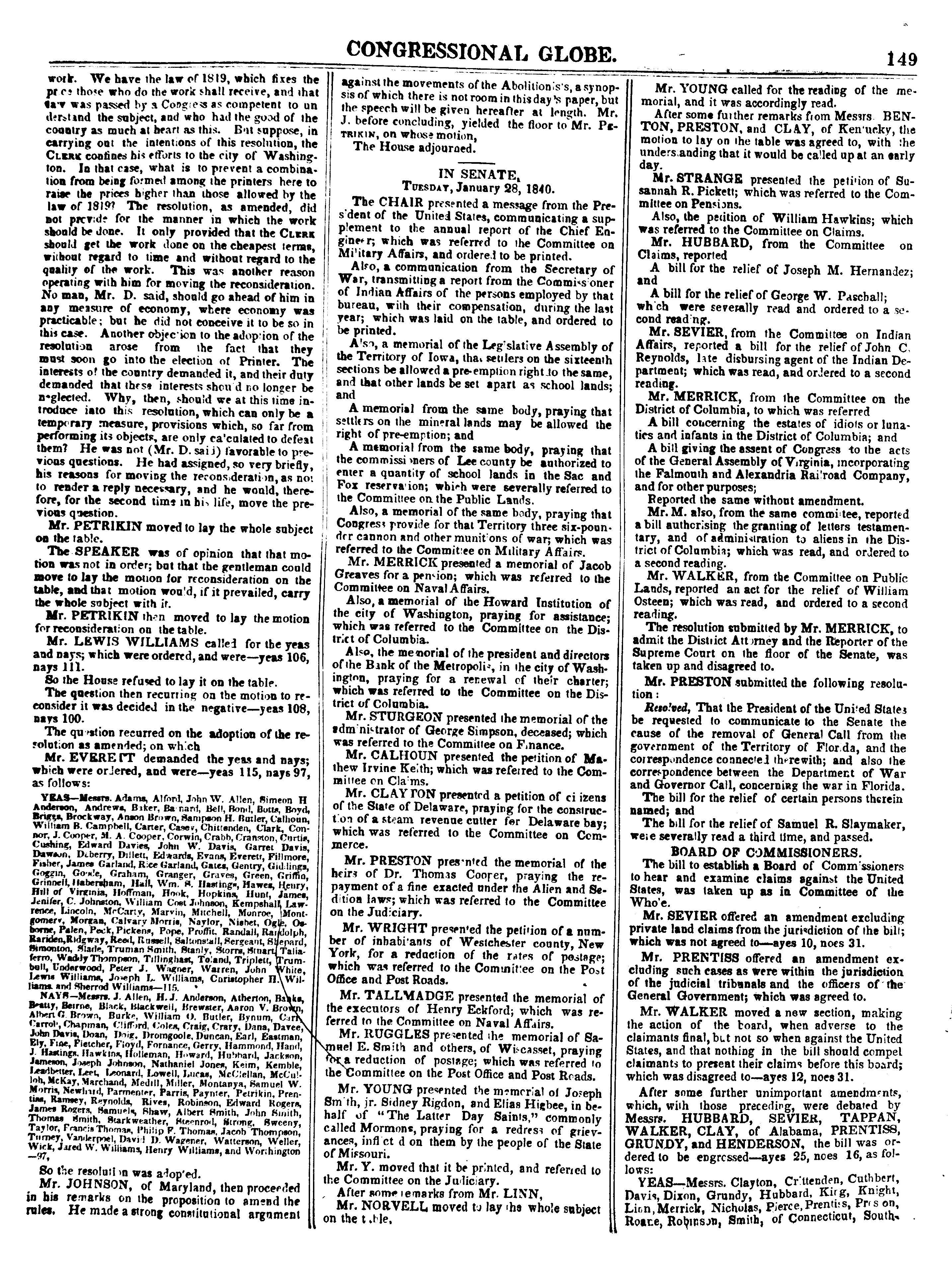 Coverage of congressional discussions about the Latter-day Saints memorial and abolition petitions in the Congressional Globe, 28 January 1840. Library of Congress.