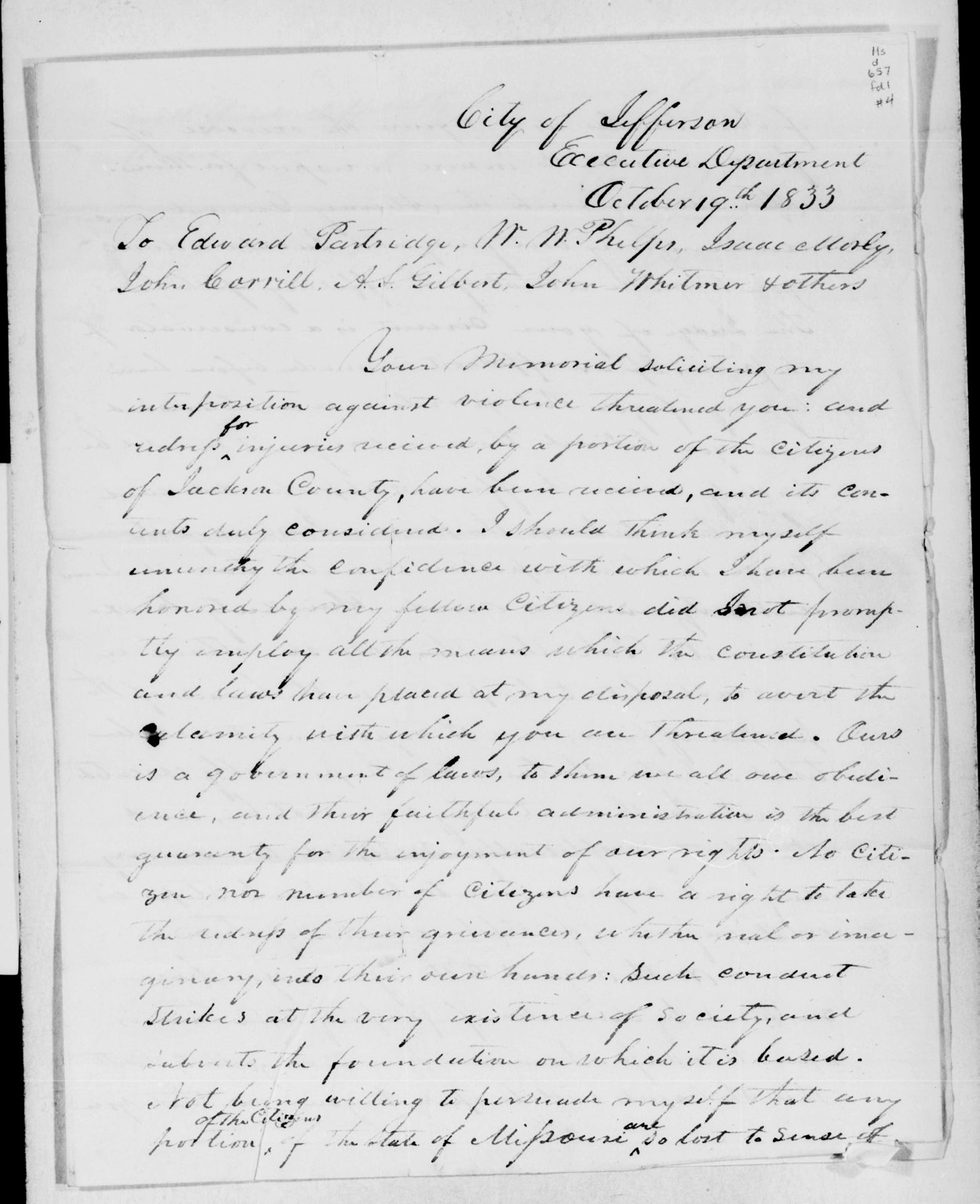 Letter from Governor Daniel Dunklin to Church leaders in Missouri, 19 October 1833. W. W. Phelps Collection of Missouri Documents, 1833–1837, Church History Library