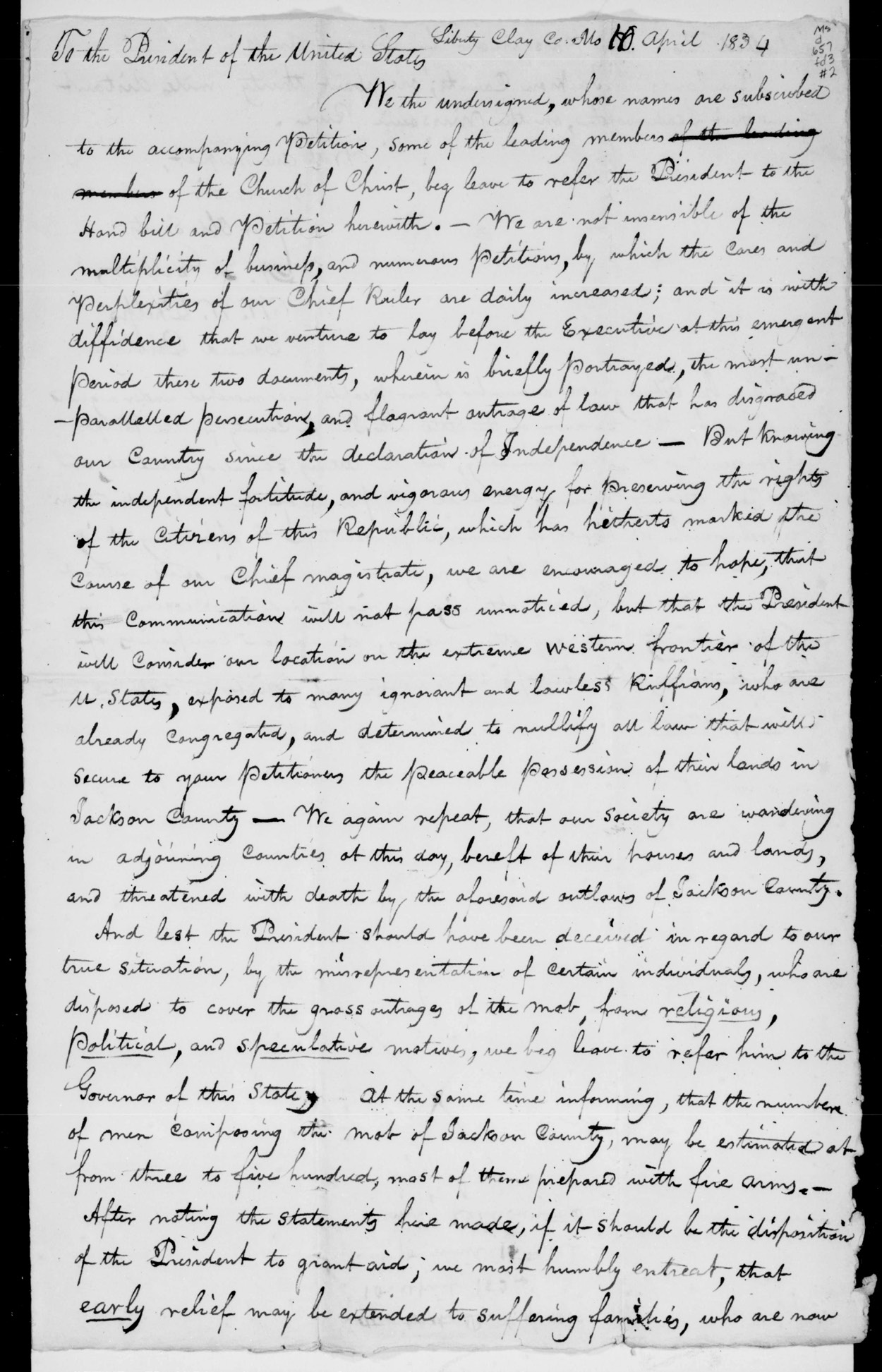 Petition to President Andrew Jackson, 10 April 1834. W. W. Phelps Collection of Missouri Documents, 1833–1837, Church History Library