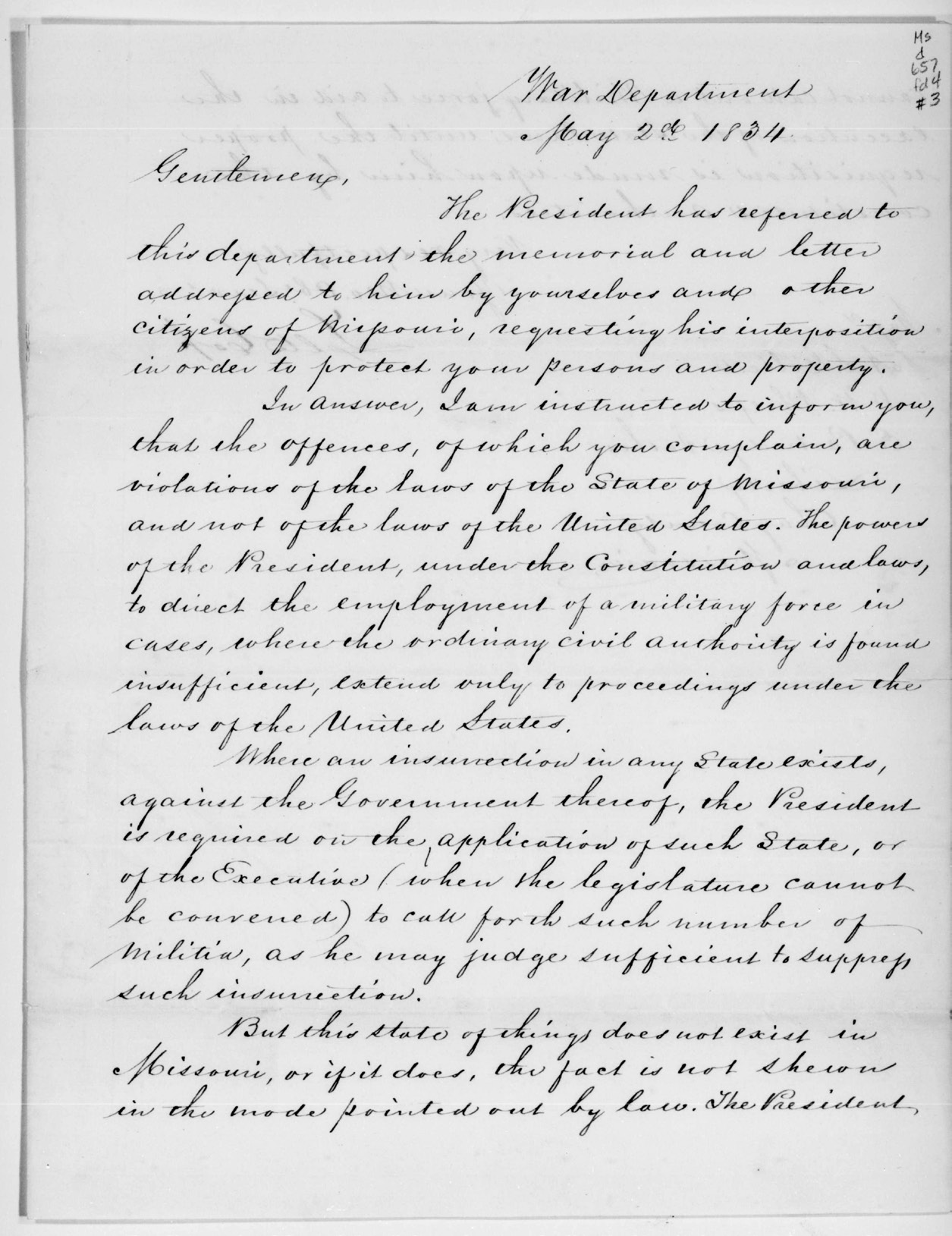 Letter from secretary of war Lewis Cass, 2 May 1834. W. W. Phelps Collection of Missouri Documents, 1833–1837, Church History Library.
