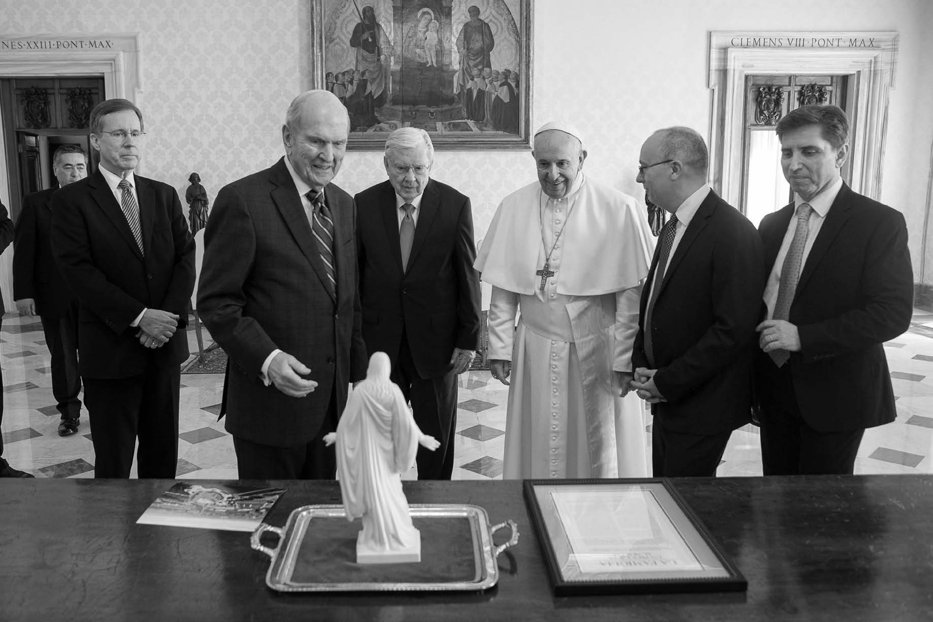 President Russell M. Nelson and Elder M. Russell Ballard visit with Pope Francis at the Vatican in Rome, Italy, 2019. Deseret News.