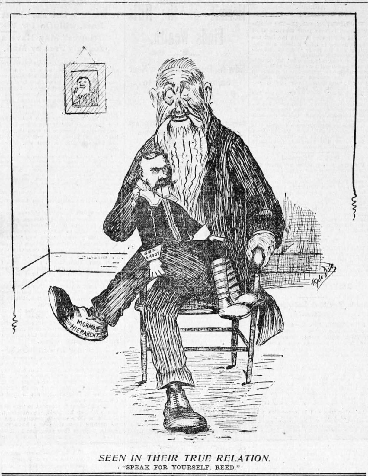 In this cartoon appearing in the Salt Lake Tribune, 12 February 1905, Smoot is depicted as a puppet being manipulated by the Church hierarchy, caricatured here as President Joseph F. Smith. Utah Digital Papers.