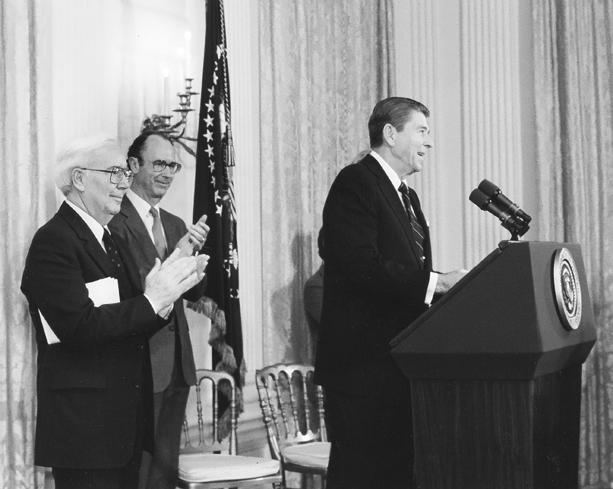 Reagan’s remarks on receiving the final report of the National Commission on Excellence in Education, 26 April 1983. T. H. Bell, David P. Gardner (chair of the commission), and President Reagan. Ronald Reagan Presidential Library.