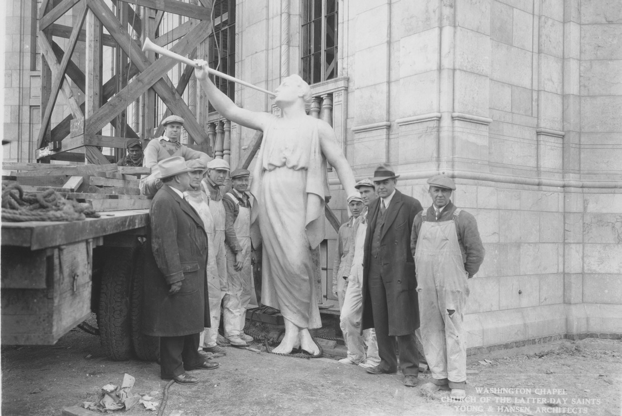 The Torleif Knaphus angel Moroni statue being prepared for placement atop the spire of the Washington Chapel, where it was displayed from 1933 through 1976. L. Tom Perry Special Collections, Harold B. Lee Library, Brigham Young University.