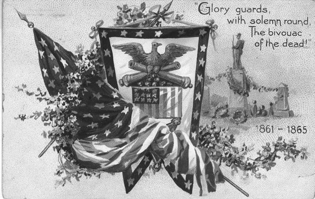 This 1910 patriotic postcard includes a few lines from Theodore O’Hara’s poem “Bivouac of the Dead” that are engraved on the McClellan Gate at Arlington National Cemetery
