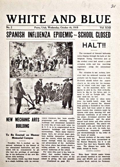 BYU’s White and Blue student newspaper announcing the closure of campus due to the 1918 flu epidemic. Public domain, courtesy University Archives.