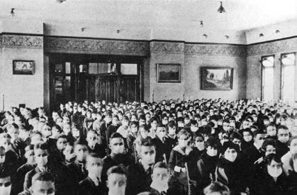 BYU students assembled in College Hall during the 1918 flu epidemic. Public domain, courtesy University Archives.