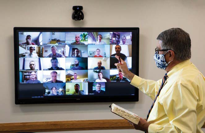 Professor Brent L. Top teaching a Religious Education graduate class on Zoom during the Covid-19 pandemic. Photograph by Richard Crookston.