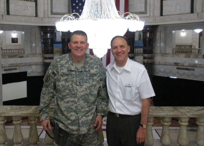 Colonel Guy M. Hollingsworth (left) with Elder Paul B. Pieper, General Authority Seventy, at the Al Faw Palace in Baghdad in November 2009 when the Baghdad Iraq Military District of the Church was organized. Courtesy of Guy M. Hollingsworth.