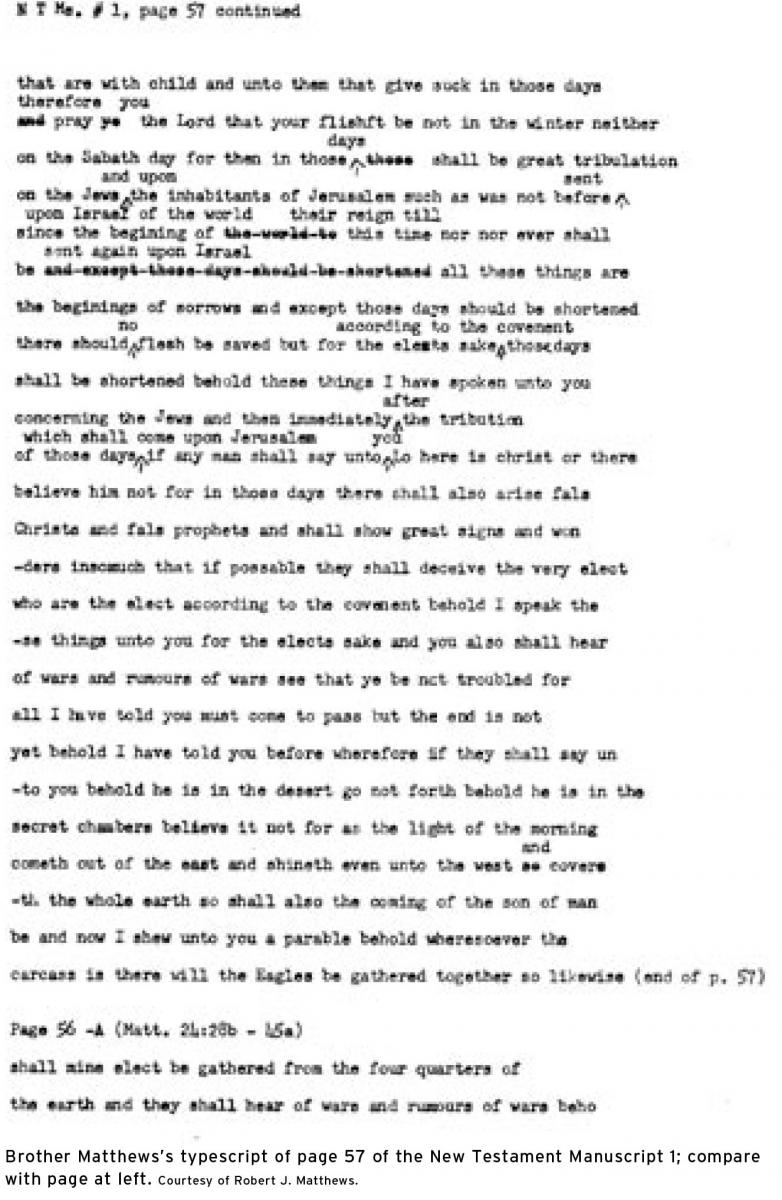 Brother Matthews’s typescript of page 57 of the New Testament Manuscript 1; compare with page at left. Courtesy of Robert J. Matthews.