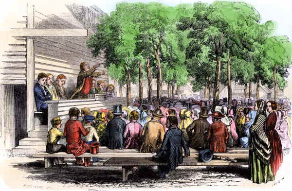 colored woodcut of a congregation listening to a revivalist preacher