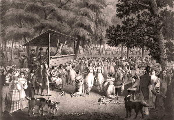 lithograph of a religious revival meeting with a congregation and preacher by alexander rider