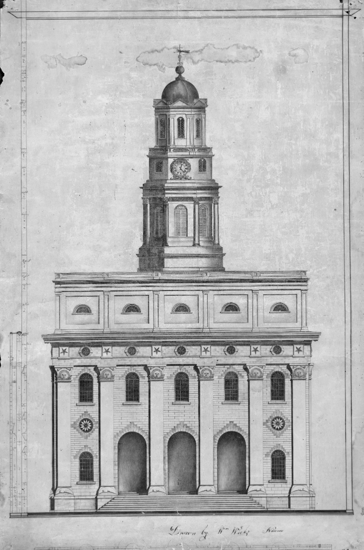 William Weeks’s architectural drawing of the west wall of the original Nauvoo Temple. Church History Library.