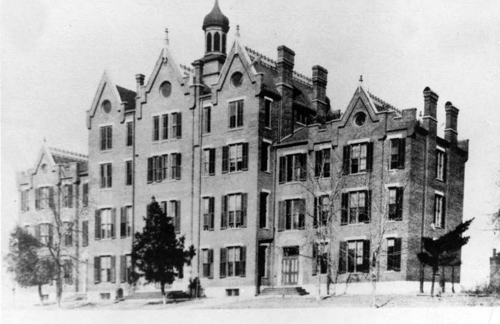 Figure 9. The Methodist English and German College, Quincy, Illinois, 1884. The building housed the college from 1847 to 1875, after which it was sold to the Quincy School Board and renamed the Jefferson School. At one time, two Nauvoo Temple capital sunstones were displayed on the school property. Quincy Area Historic Photograph Collection, Quincy Public Library, Quincy, IL.
