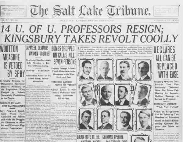 photo of the cover of the salt lake tribune story about the resignation of the fourteen professors