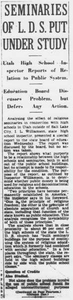 photo of williamson's first school report of the seminary program, posted in the salt lake tribune