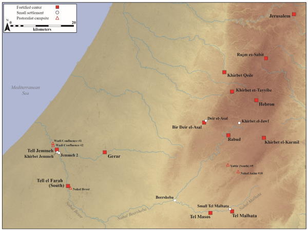 map of settlements and fortified centers in Negev