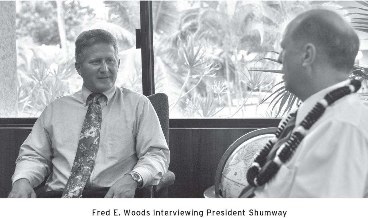 Professor Woods interviewing President Shumway