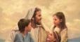 Painting of Jesus sitting with little children and talking with them, smiling