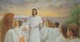 Painting of Christ walking amongst people dressed in white