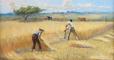 Farmers shoveling hay