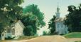 Painting of an open road between the Nauvoo temple and a house