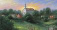 Painting of the Kirtland Temple with green hills surrounding and the sunset in the background