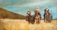 Three wise men riding on horseback to greet baby Jesus